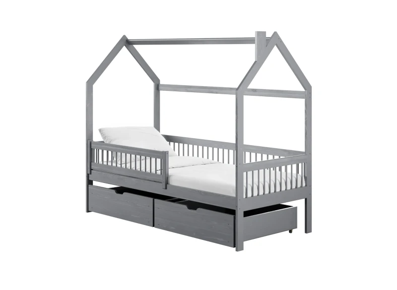 Szare łóżko dziecięce domek z drewna, z szufladami na pościel i barierką, minimalistyczny design, na białym tle.