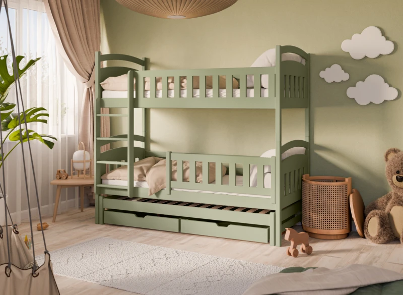 Łóżko piętrowe zielone drewniane z szufladami, w aranżacji pokoju dziecięcego.