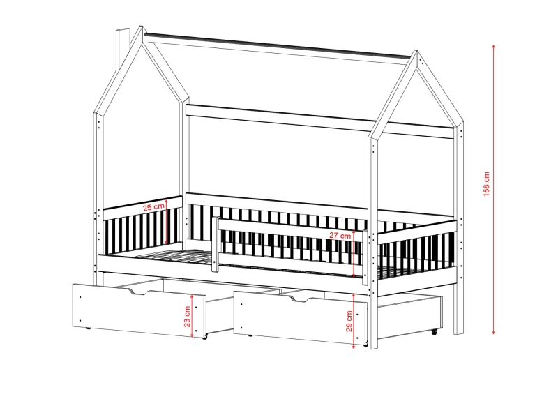 Rysunek techniczny białego łóżka domku z szufladami i wymiarami, na białym tle.