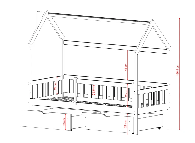 Łóżko domek dla dzieci, drewniane, z szufladami, naturalny kolor, czarne barierki, wymiary 166.5 cm, na białym tle.