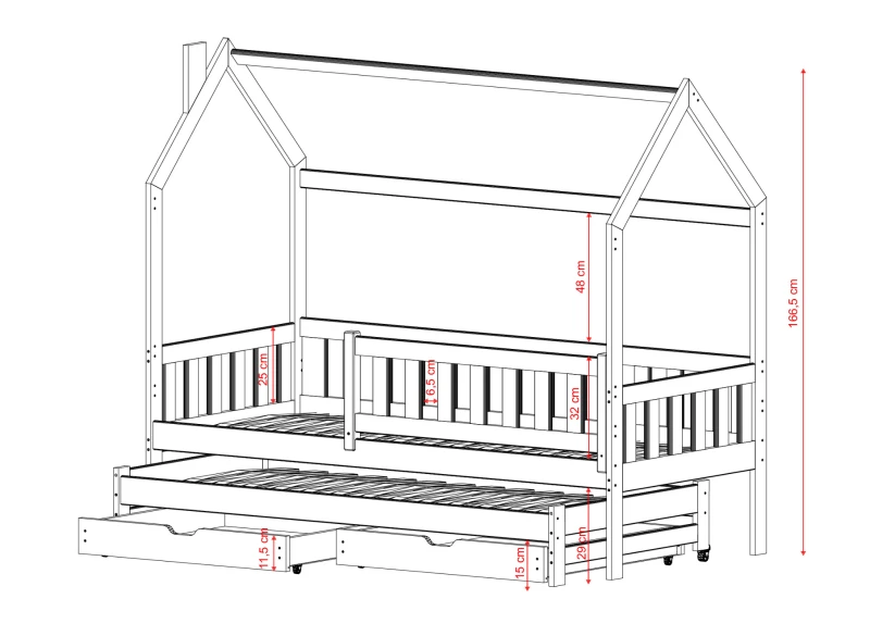 Białe drewniane łóżko dziecięce domek z wysuwanym spaniem i szufladami, widok z wymiarami.