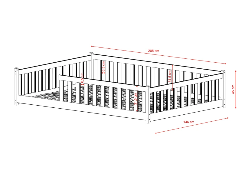 Rysunek techniczny białego drewnianego łóżka dziecięcego z barierkami, wymiary 208x146 cm, na białym tle.