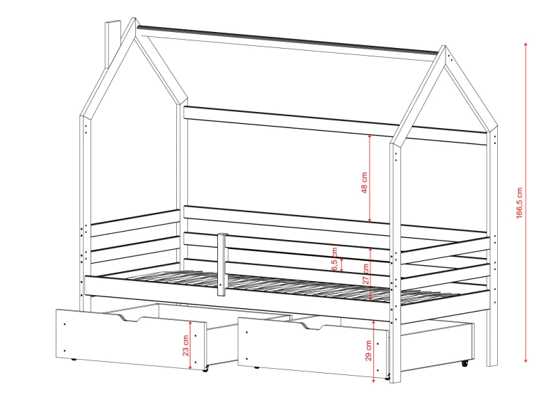 Łóżko domek dziecięce z szufladami, drewniane, z wymiarami, techniczny rysunek na białym tle.