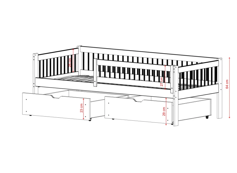 Łóżko dziecięce drewniane białe z szufladami i barierką, schemat wymiarów na białym tle.