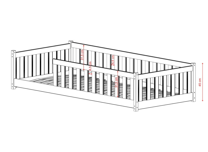Białe drewniane łóżko dziecięce z barierkami, widok z wymiarami, na białym tle.
