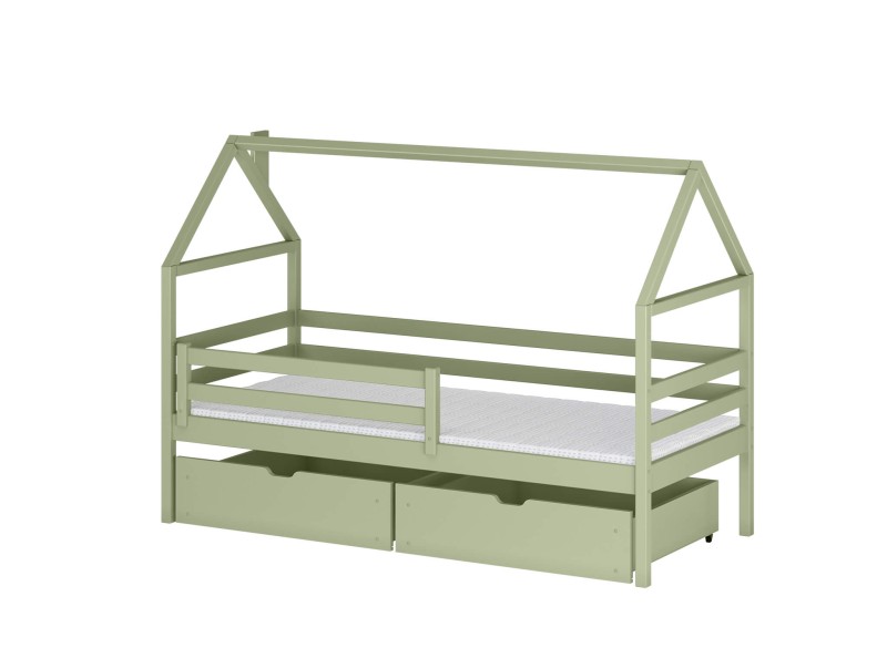 Drewniane łóżko domek dziecięce zielone z szufladami i barierką, na białym tle.