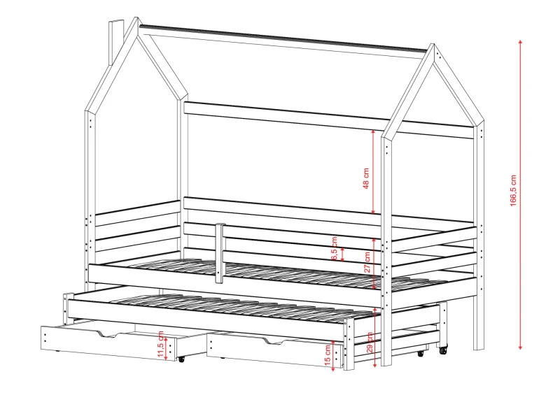 Łóżko dziecięce w kształcie domku z drewna, białe, z dodatkowym spaniem i szufladami, szkic techniczny.