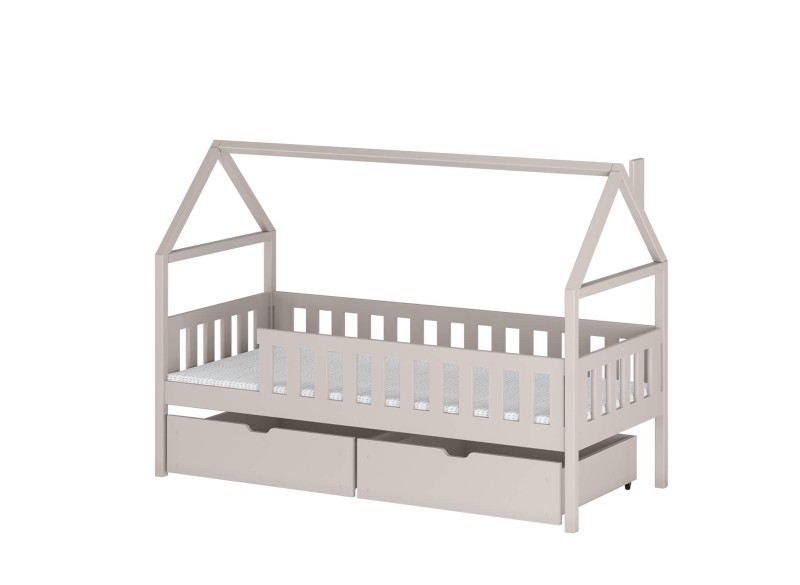 Drewniane łóżko dziecięce domek beżowe z szufladami i materacem, na białym tle. Idealne do pokoju malucha.