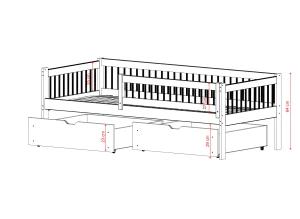 Łóżko dziecięce drewniane z szufladami, naturalny kolor, rysunek techniczny z wymiarami na białym tle.