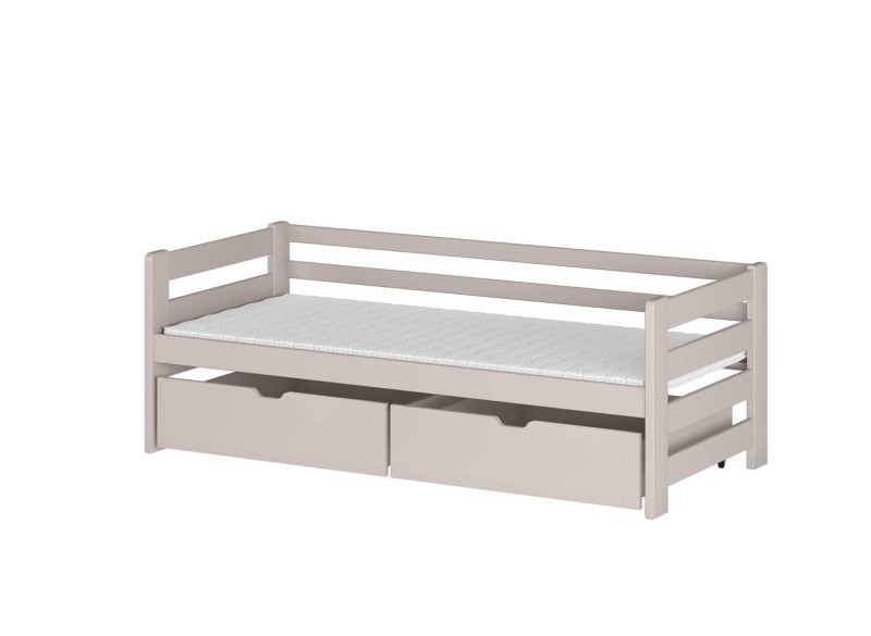 Rysunek techniczny drewnianego łóżka dziecięcego z szufladami i wymiarami.