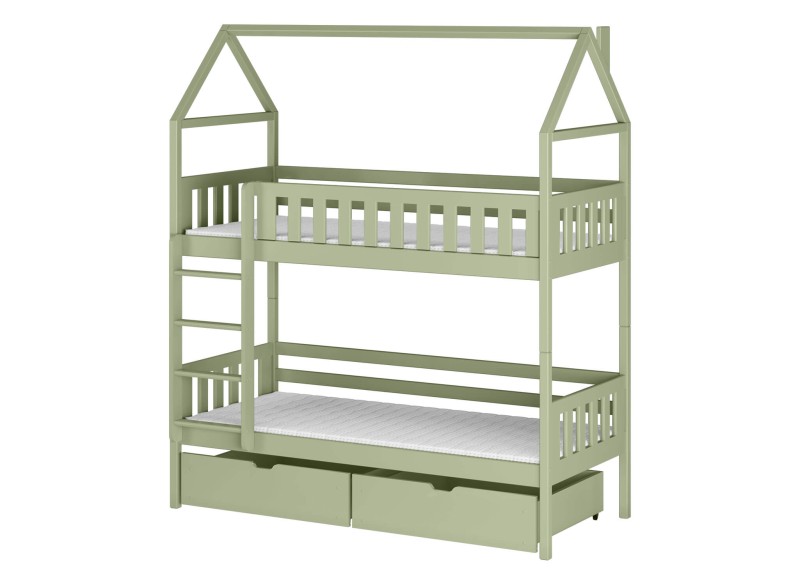 Szczegółowy schemat łóżka piętrowego 3-osobowego z wysuwanymi szufladami.