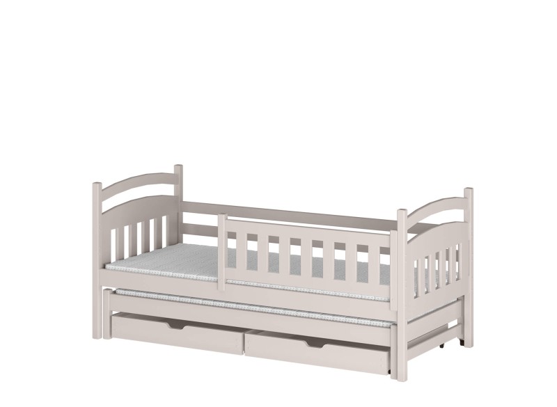 Rysunek z wymiarami łóżka niskiego z funkcją spania i zabezpieczeniem przed wypadnięciem.