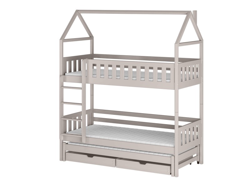 Szare łóżko piętrowe domek z dodatkowym spaniem i szufladami dla dzieci