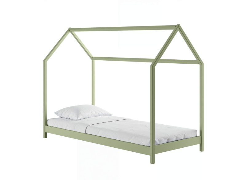 Łóżko dziecięce domek drewniane, kolor zielony szałwiowy, z białym materacem, na białym tle.