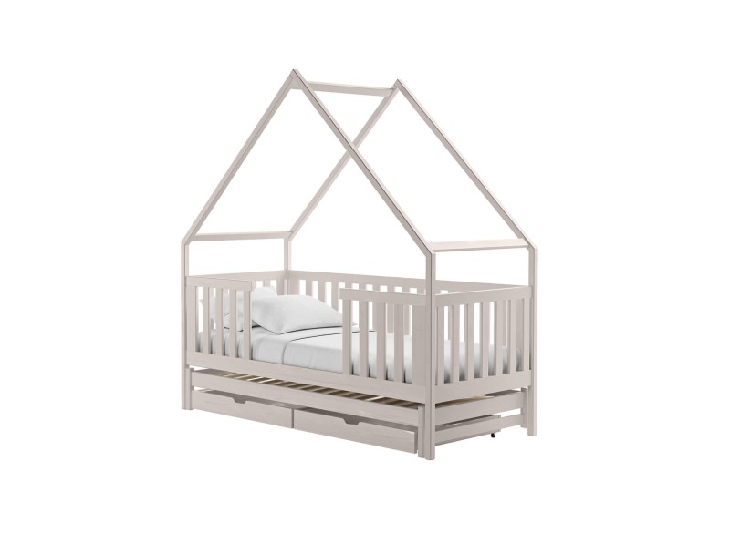 Projekt łóżka dziecięcego domek z opisem wymiarów, wysokość barierki 47,5 cm.