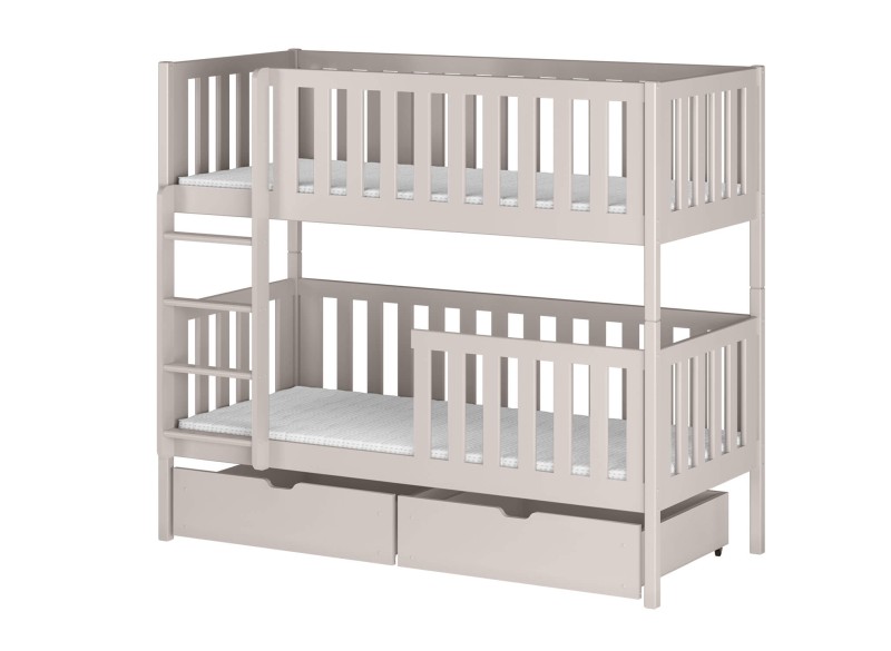 Łóżko piętrowe białe drewniane z barierkami i szufladami, wymiary produktu na białym tle.