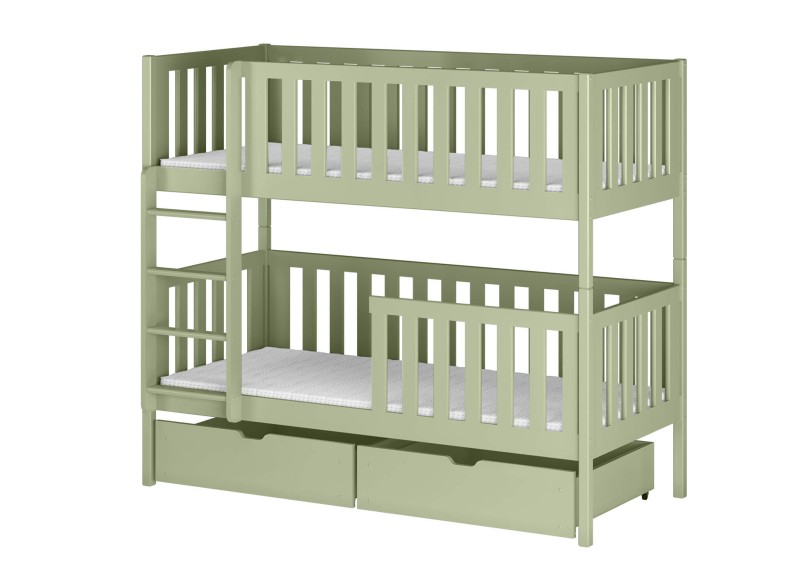 Zielone łóżko piętrowe z pełnymi barierkami ochronnymi i szufladami