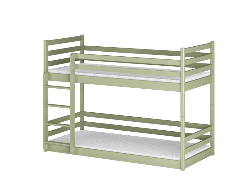 Zielone, drewniane łóżko piętrowe z drabinką. Dwa białe materace o teksturowanej powierzchni. Proste, geometryczne kształty.