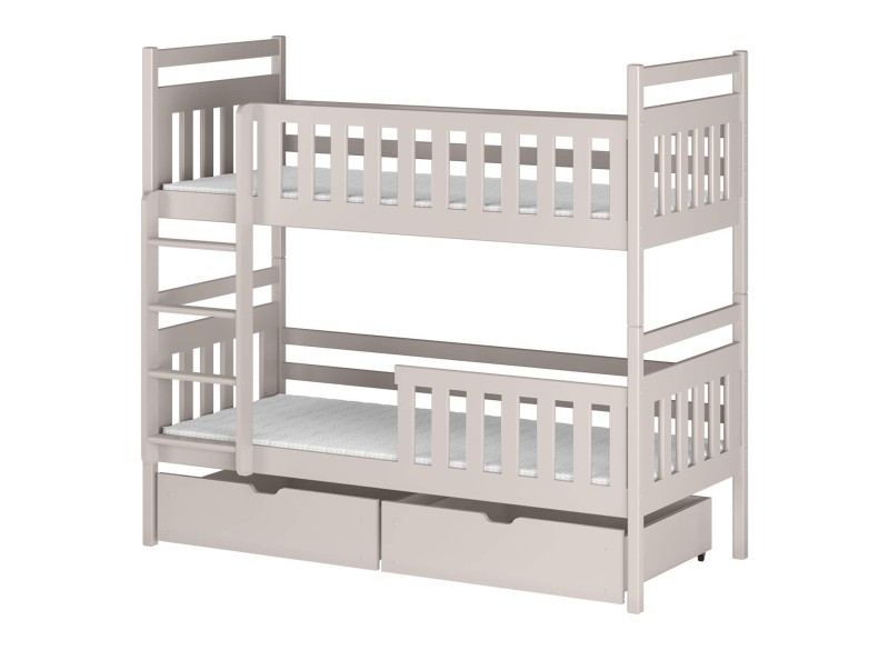 Szkic łóżka piętrowego z zaznaczonymi wysokościami zabezpieczeń i konstrukcji.