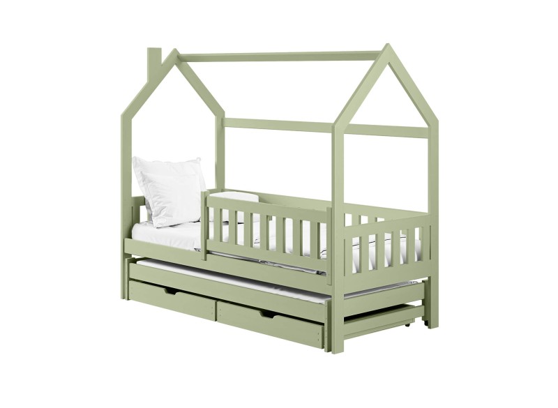 Rysunek techniczny drewnianego łóżka piętrowego z barierkami ochronnymi.