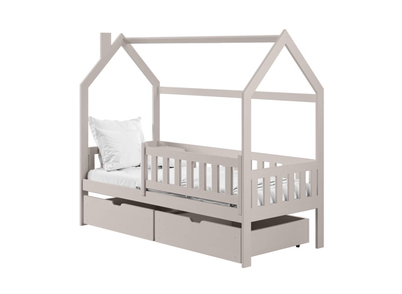 Rysunek techniczny łóżka domek dla dzieci, białe, z wysuwanymi szufladami i łóżkiem, szczegółowe wymiary.