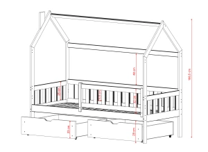 Łóżko domek dziecięce drewniane z szufladami i barierkami, wymiary, rysunek techniczny na białym tle.