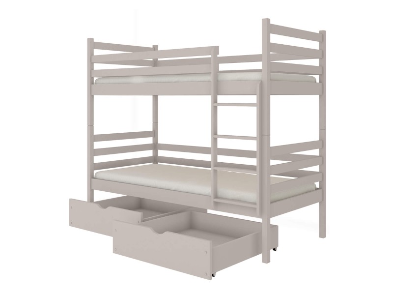 Schemat łóżka piętrowego domek z drewna, białe, z drabinką i wymiarami, na białym tle.