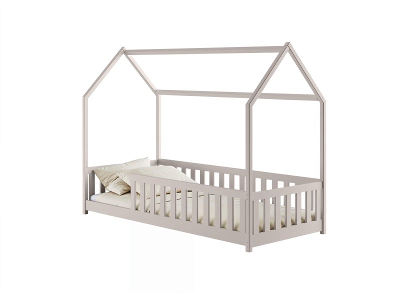 Łóżko domek drewniane dla dzieci z barierkami, widok z wymiarami na białym tle.