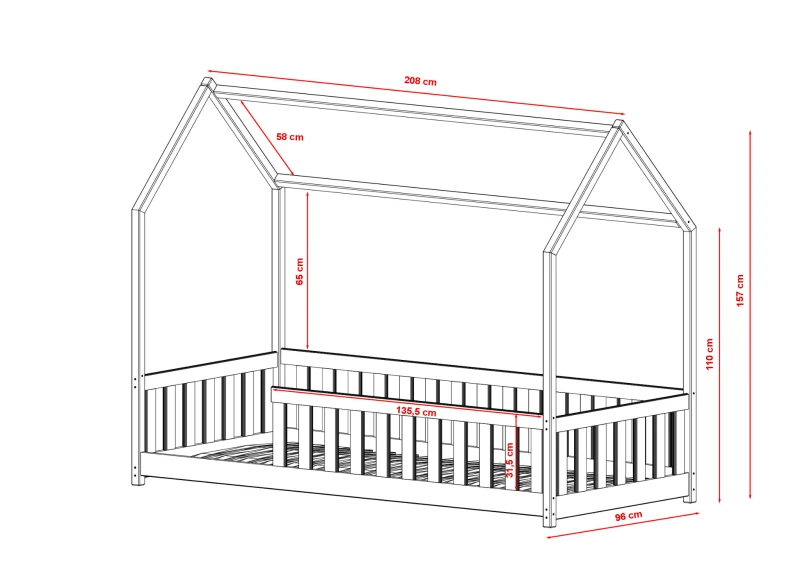 Łóżko domek drewniane dla dzieci z barierkami, widok z wymiarami na białym tle.