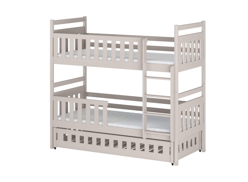 Projekt drewnianego łóżka piętrowego 3-osobowego - szczegółowe wymiary elementów.