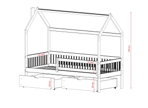 Białe łóżko dziecięce domek z drewna, czarne barierki, dwie szuflady pod spodem, rysunek techniczny z wymiarami.
