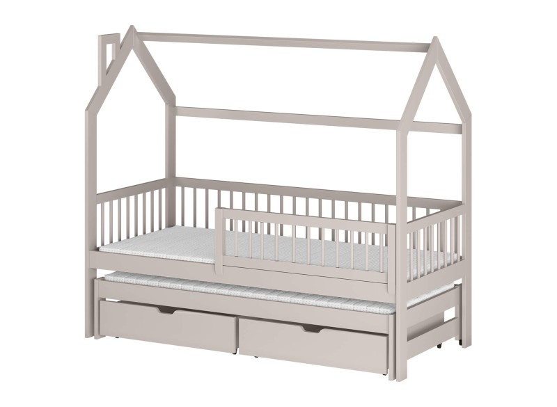 Łóżko domek beżowe z barierkami ochronnymi i dwiema szufladami