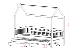 Rysunek techniczny łóżka domku piętrowego z drewna, z wysuwanymi szufladami i dodatkowym łóżkiem, na białym tle. Wymiary.