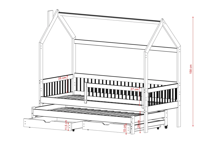 Rysunek techniczny łóżka domku piętrowego z drewna, z wysuwanymi szufladami i dodatkowym łóżkiem, na białym tle. Wymiary.
