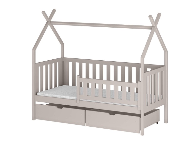 Łóżko dziecięce domek drewniane szare z barierką i szufladami, z materacem, na białym tle.