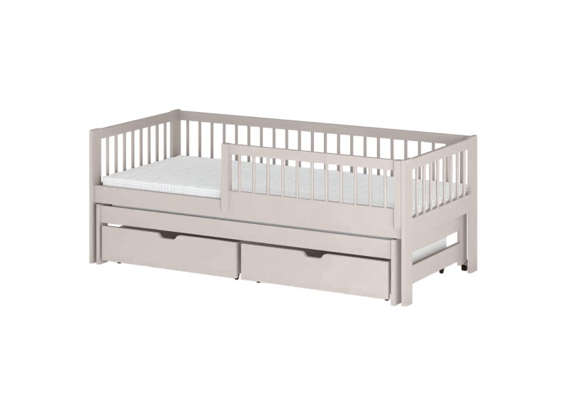 Łóżko sosnowe z wysuwanym spaniem i dwoma szufladami, naturalne drewno, rysunek techniczny z wymiarami na białym tle.