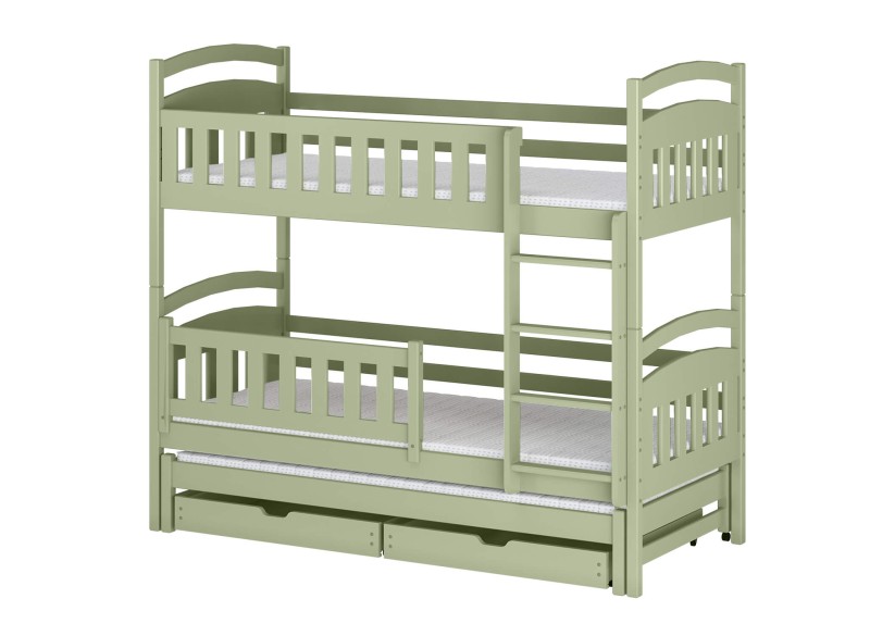 Zielone drewniane łóżko piętrowe z drabinką, szufladami i materacami, na białym tle.