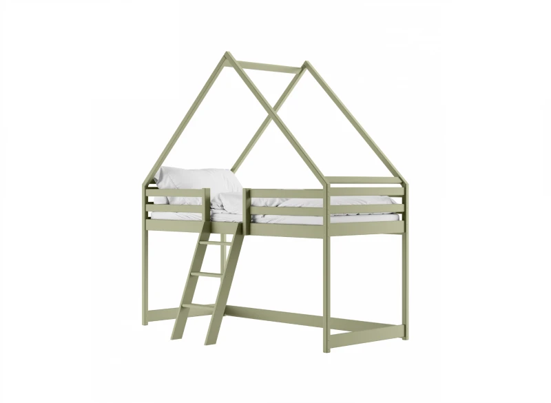 Szkic techniczny łóżka dziecięcego domek z drewna, z wysuwanym materacem i szufladami, z wymiarami, na białym tle.