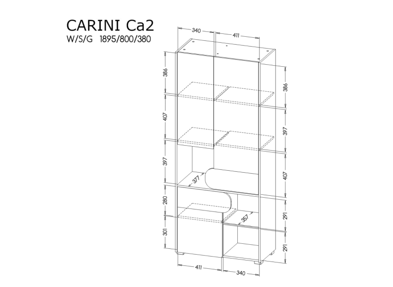 Rysunek techniczny regału Carini Ca2, wymiary mebla do pokoju młodzieżowego.
