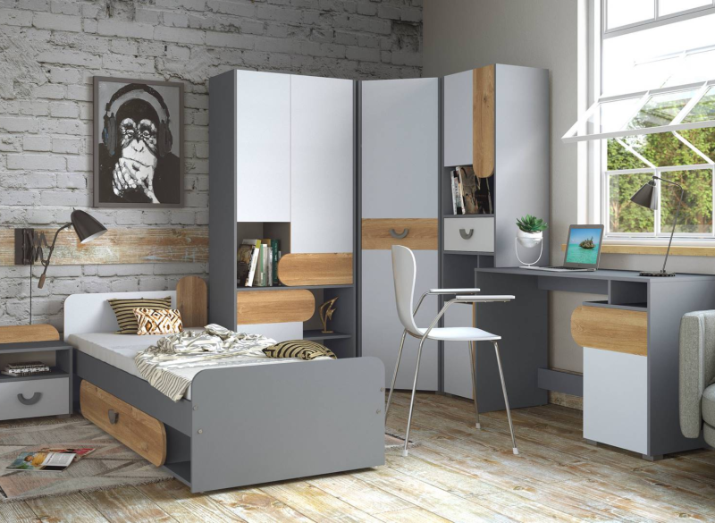 Zestaw mebli młodzieżowych Carini, szaro-białe meble z drewnianymi akcentami.