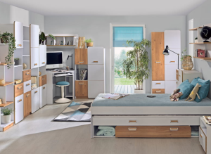 Zestaw mebli młodzieżowych biało-drewnianych z regałami, biurkiem, szafami i łóżkiem z szufladami w pokoju.