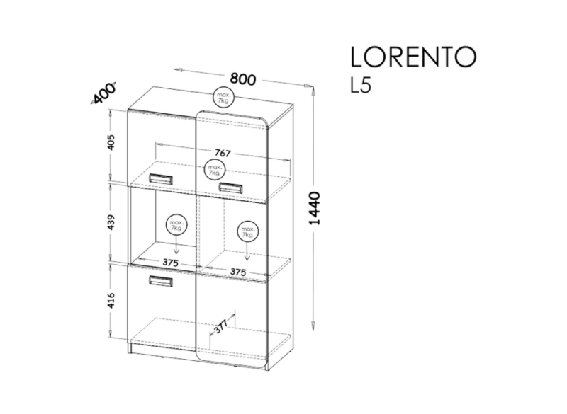 Schemat techniczny i wymiary regału Lorento L5.