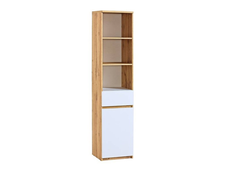 Regał słupek dąb artisan/biel, płyta laminowana, z otwartymi półkami i szafką, na białym tle.
