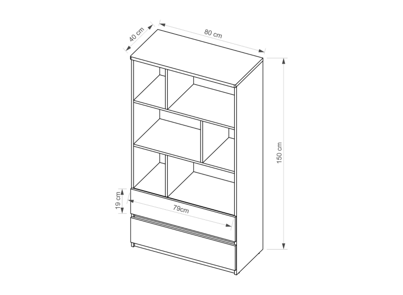 Rysunek techniczny szerokiego regału z półkami i dwiema szufladami, wymiary 80x40x150 cm, na białym tle.