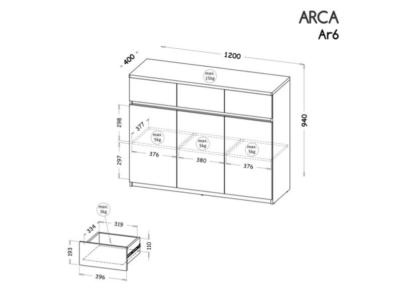 Komoda ARCA Ar6, szafka z 3 szufladami i 3 półkami, schemat techniczny z wymiarami na białym tle.