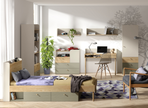 Komplet mebli młodzieżowych: łóżko z szufladami, biurko, szafa i regał. Drewno i szarość, w jasnym pokoju.