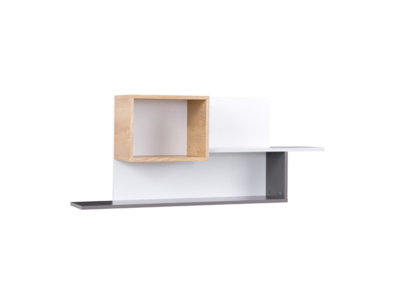 Dekoracyjna półka wisząca na ścianę z drewnianym elementem i szarymi akcentami.