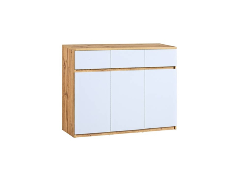 Komoda dąb artisan z 3 białymi szufladami i 3 drzwiczkami, do salonu lub przedpokoju, na białym tle.