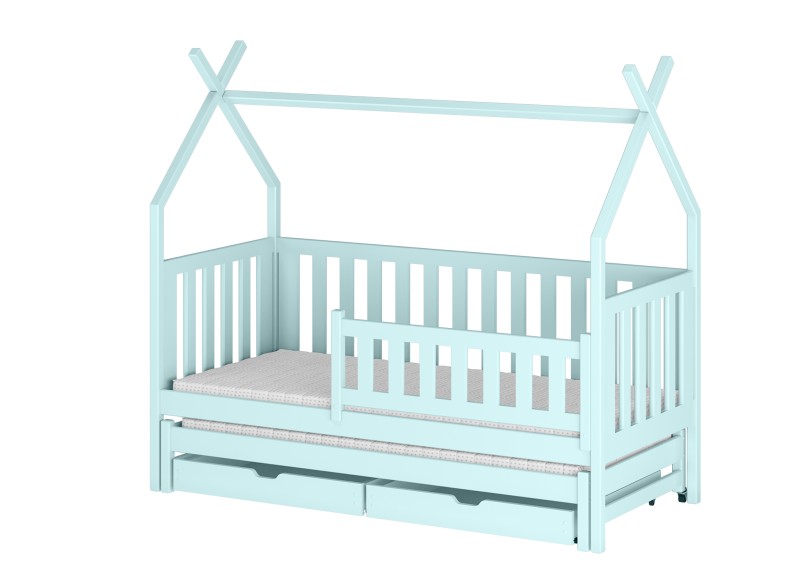 Błękitne łóżko domek tipi z barierką i szufladą na drugi materac.