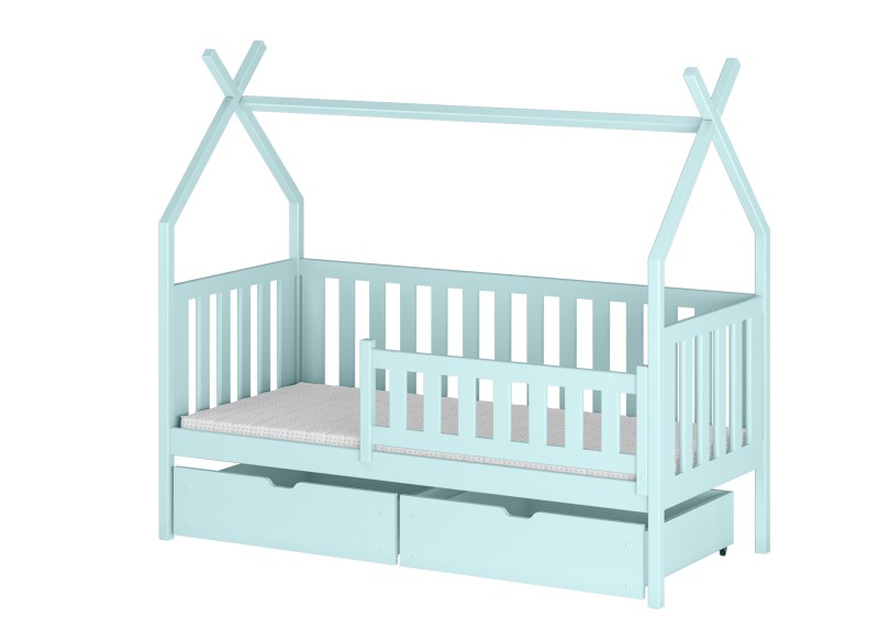 Stylowe błękitne łóżko domek tipi z szufladami do pokoju chłopca.